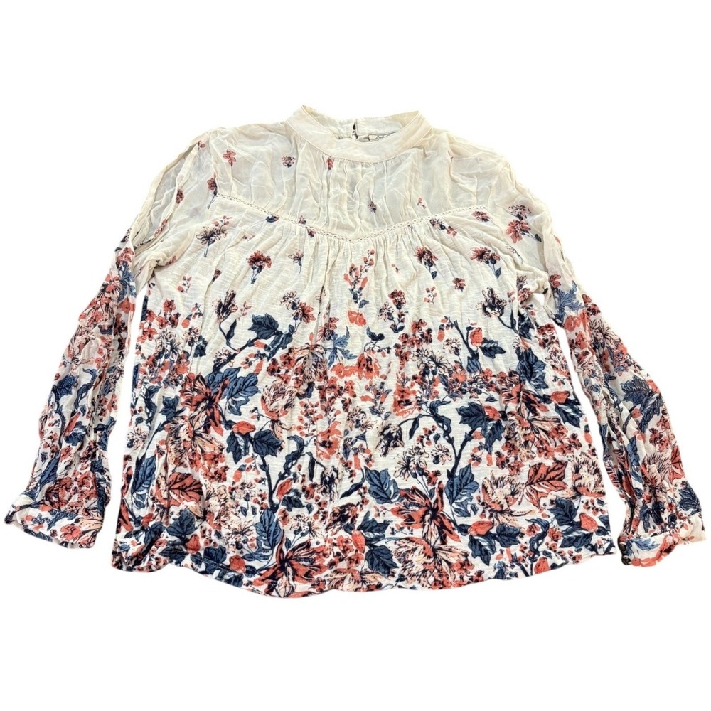 LUCKY BRAND Womens S Ivory Floral Long Sleeve Pintuck Boho Peasant Blouse Top